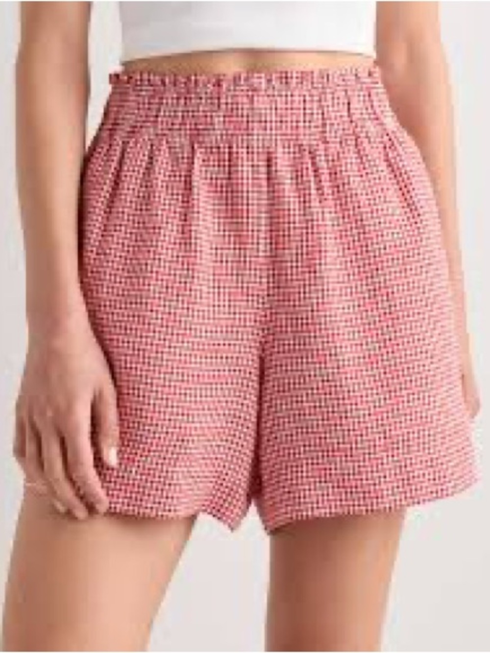 Quince Red and White Gingham Smocked-Waist High Waist Shorts